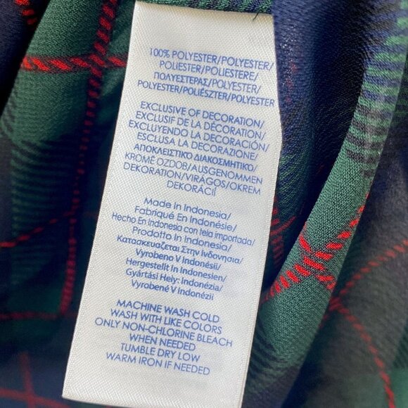 CHAPS Plaid Tunic Blouse Size Medium Navy Blue Green Plaid Chiffon Button Up Top - Picture 9 of 9